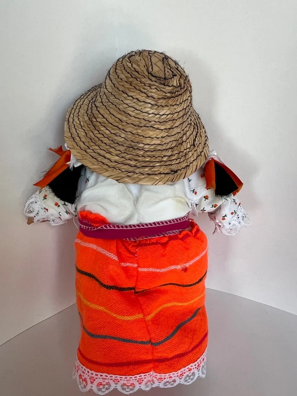 Colorful Peruvian Folk Girls Doll Orange-Striped Outfit with Straw Hat